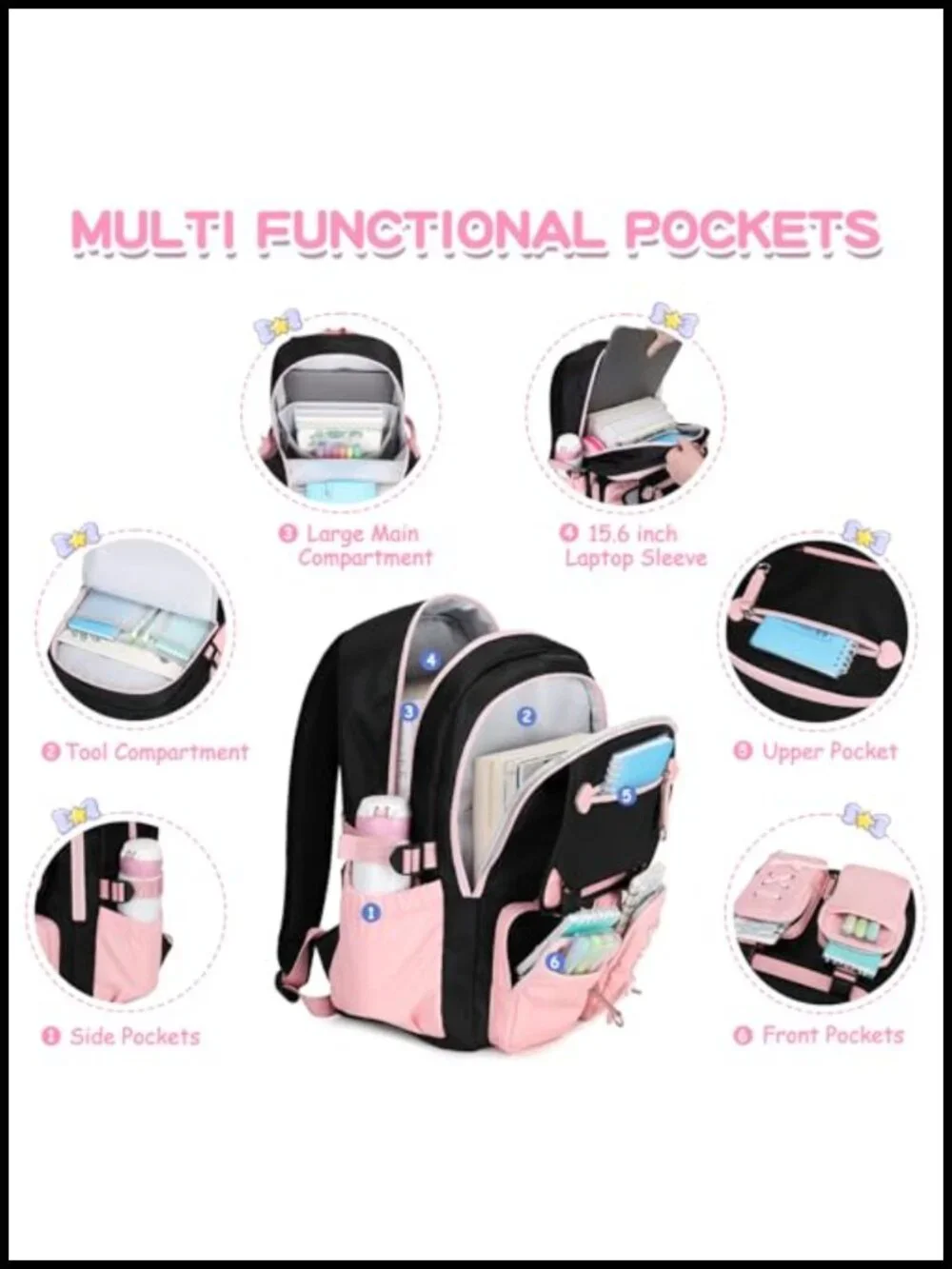 Girls Backpack Set with Lunch Box & Pencil Case, Polyester, 15.6